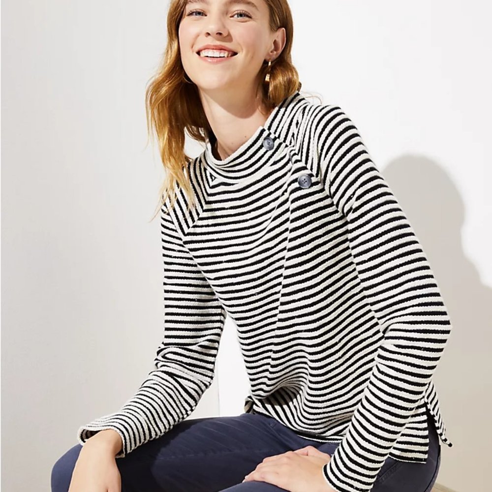 Loft Stiped Cotton Mock Neck Sweater